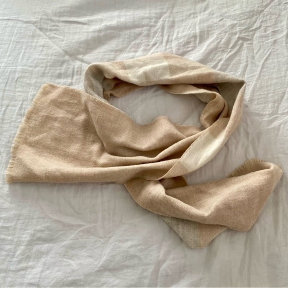 Kuna Luxury Scarf Shawl Baby Alpaca Beige Grey Checkered Fringe Wool OS